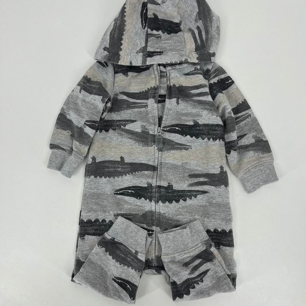 Carters Baby Boy Grey Alligator Print Hooded Zip Up Romper Size 9M
